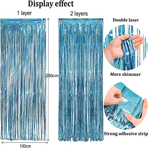 BRAVESHINE Light Blue Glitter Tinsel Foil Fringe Curtains - 2Pcs 3.2x8.2 ft Metallic Holiday Photo Booth Backdrop for Birthday Mermaid Ocean Pool Frozen Theme Baby Shower Wedding Party Streamers Decor