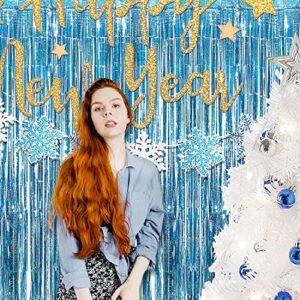 BRAVESHINE Light Blue Glitter Tinsel Foil Fringe Curtains - 2Pcs 3.2x8.2 ft Metallic Holiday Photo Booth Backdrop for Birthday Mermaid Ocean Pool Frozen Theme Baby Shower Wedding Party Streamers Decor