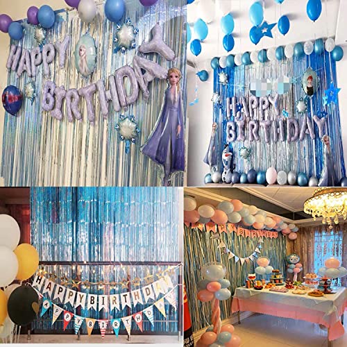 BRAVESHINE Light Blue Glitter Tinsel Foil Fringe Curtains - 2Pcs 3.2x8.2 ft Metallic Holiday Photo Booth Backdrop for Birthday Mermaid Ocean Pool Frozen Theme Baby Shower Wedding Party Streamers Decor