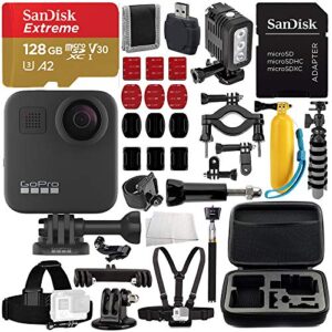 gopro max 360 action camera deluxe bundle includes: sandisk extreme 128gb microsdxc memory card + underwater led light + carrying case, and more