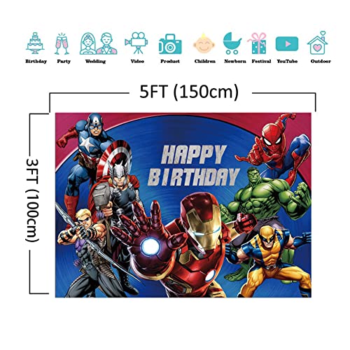 Cartoon Superhero Theme Photography Backdrop Happy Birthday Party Banner Photo Background 5x3FT Cake Table Decoration Studio Booth Props