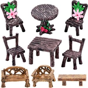 9 pieces miniature table and chairs set fairy garden furniture ornaments mini decorative resin floral table chair micro landscape decoration for landscape garden decoration accessories supplies