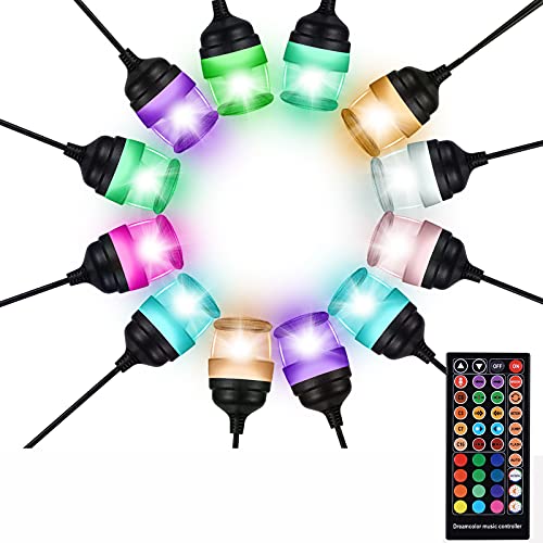 Outdoor String Lights LED Waterproof RGB Dimmable Colored Music Sync Magic Hanging Strand Lights Outside Exterior Patio Backyard Cafe Porch Party Garden Ambient Atmosphere Holiday White/Warm White