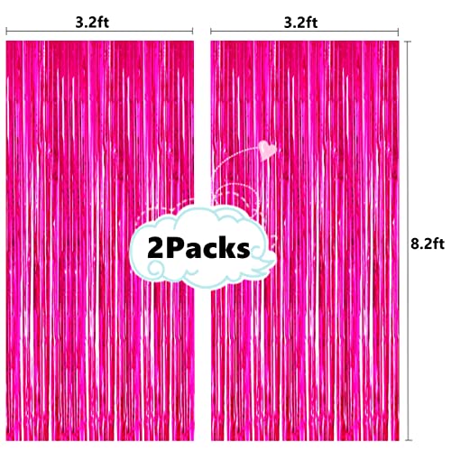 2 Pcs 3.2ft x 8.2ft Shiny Hot Pink Metallic Tinsel Foil Fringe Curtains Photo Booth Backdrop for Birthday Wedding Holiday Celebration Bachelorette Party Decorations (Hot Pink)