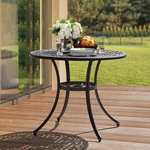 Nuu Garden 36 Inch Patio Dining Table with Umbrella Hole, Outdoor Cast Aluminum Bistro Table, Black with Antique Bronze at The Edge