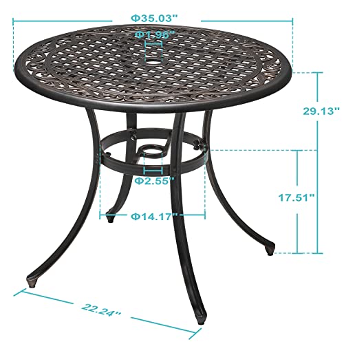 Nuu Garden 36 Inch Patio Dining Table with Umbrella Hole, Outdoor Cast Aluminum Bistro Table, Black with Antique Bronze at The Edge