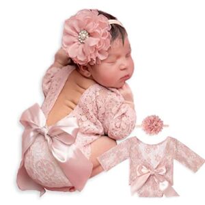infant newborn photography props outfit princess baby girl lace romper with cute flower headband