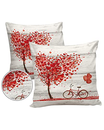 Outdoor Pillows 16x16 Waterproof Outdoor Pillow Covers,Valentine's Day Hearts Balloon Polyester Throw Pillow Covers Garden Cushion for Patio Couch Decoration Set of 2,Rustic Wood Bicycle Tree