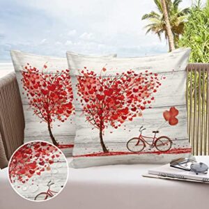 Outdoor Pillows 16x16 Waterproof Outdoor Pillow Covers,Valentine's Day Hearts Balloon Polyester Throw Pillow Covers Garden Cushion for Patio Couch Decoration Set of 2,Rustic Wood Bicycle Tree