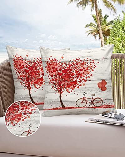 Outdoor Pillows 16x16 Waterproof Outdoor Pillow Covers,Valentine's Day Hearts Balloon Polyester Throw Pillow Covers Garden Cushion for Patio Couch Decoration Set of 2,Rustic Wood Bicycle Tree