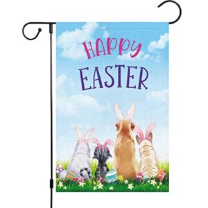 happy easter garden flag 12×18 double sided vertical, burlap small cat dog with rabbit ear easter flag sign welcome spring outdoor outside decorations (only flag)