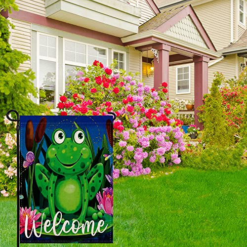 Welcome Frog Garden Flag Vertical Double Sided, Farmhouse Holiday Yard Outdoor Decoration 12 x 18 Inch