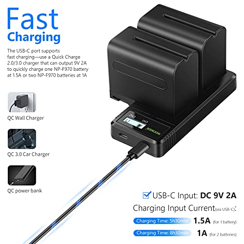 Neewer Fast Charger Dual USB with 2-Pack 6600mAh Replacement NP-F970 Batteries, Compatible with Sony NP-F970 F960 F950 F770 F750 F570 F550 ,Handycam and Neewer Led Light, Monitor, Motorized Slider