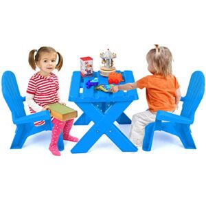costway kids outdoor table & chair set, toddler play table with 2 adirondack chairs, 3 pcs kids backyard furniture, stackable design for saving space, for beach, garden, lawn (blue)