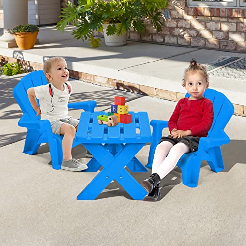 COSTWAY Kids Outdoor Table & Chair Set, Toddler Play Table with 2 Adirondack Chairs, 3 Pcs Kids Backyard Furniture, Stackable Design for Saving Space, for Beach, Garden, Lawn (Blue)