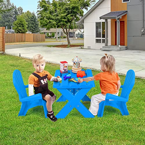 COSTWAY Kids Outdoor Table & Chair Set, Toddler Play Table with 2 Adirondack Chairs, 3 Pcs Kids Backyard Furniture, Stackable Design for Saving Space, for Beach, Garden, Lawn (Blue)