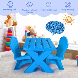 COSTWAY Kids Outdoor Table & Chair Set, Toddler Play Table with 2 Adirondack Chairs, 3 Pcs Kids Backyard Furniture, Stackable Design for Saving Space, for Beach, Garden, Lawn (Blue)