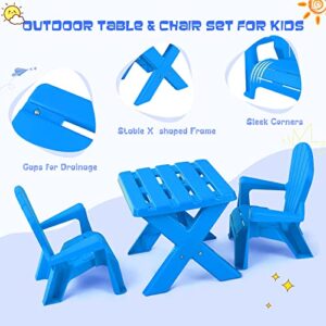 COSTWAY Kids Outdoor Table & Chair Set, Toddler Play Table with 2 Adirondack Chairs, 3 Pcs Kids Backyard Furniture, Stackable Design for Saving Space, for Beach, Garden, Lawn (Blue)