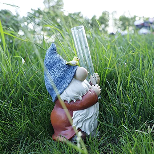 FORUP Resin Gnome Rain Gauges, Resin Gnome Garden Statue with a Plastic Rain Gauge, Hand Painted Gnome Sculpture Water Gauge for Rain