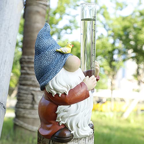 FORUP Resin Gnome Rain Gauges, Resin Gnome Garden Statue with a Plastic Rain Gauge, Hand Painted Gnome Sculpture Water Gauge for Rain