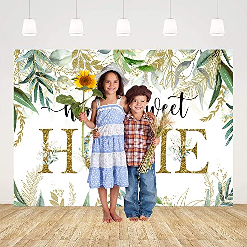 Ticuenicoa 7x5ft Housewarming Backdrop Green Leaves Background for New House Party Decorations Gold Housewarming Photography Home Sweet Home Banner Background Photo Booth Wedding Cake Table Supplies