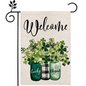 Whaline St. Patrick's Day Garden Flag Vase Lucky Clover Garden Yard Flag Mason Jars Double Sided Print Yard Banner Irish Spring Seasonal Outdoor Home Decoration Garden Flag Welcome Yard Decoration