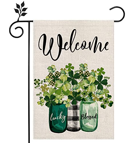 Whaline St. Patrick's Day Garden Flag Vase Lucky Clover Garden Yard Flag Mason Jars Double Sided Print Yard Banner Irish Spring Seasonal Outdoor Home Decoration Garden Flag Welcome Yard Decoration