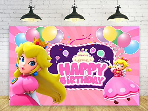 Princess Backdrop for Birthday Party Decorations, Princess Peach Background for Baby Shower Party Cake Table Decorations Supplies, Princess Peach Theme Banner, 5x3ft