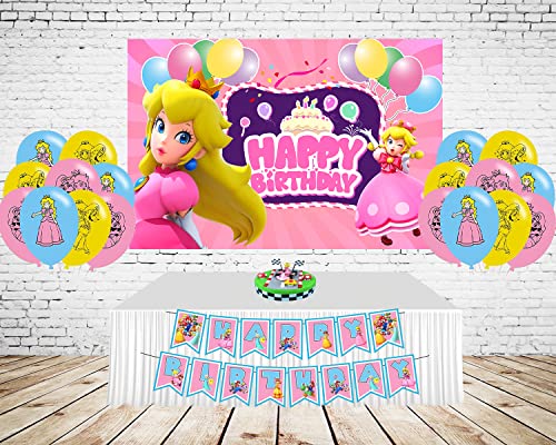 Princess Backdrop for Birthday Party Decorations, Princess Peach Background for Baby Shower Party Cake Table Decorations Supplies, Princess Peach Theme Banner, 5x3ft