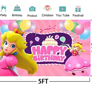 Princess Backdrop for Birthday Party Decorations, Princess Peach Background for Baby Shower Party Cake Table Decorations Supplies, Princess Peach Theme Banner, 5x3ft