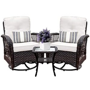 Harlie & Stone Outdoor Swivel Rocker Patio Chairs Set of 2 and Matching Side Table - 3 Piece Wicker Patio Bistro Set with Premium Fabric Cushions Outdoor Furniture (Dark Wicker Chair Beige Cushion)