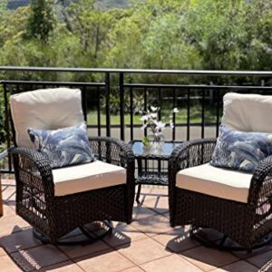 Harlie & Stone Outdoor Swivel Rocker Patio Chairs Set of 2 and Matching Side Table - 3 Piece Wicker Patio Bistro Set with Premium Fabric Cushions Outdoor Furniture (Dark Wicker Chair Beige Cushion)