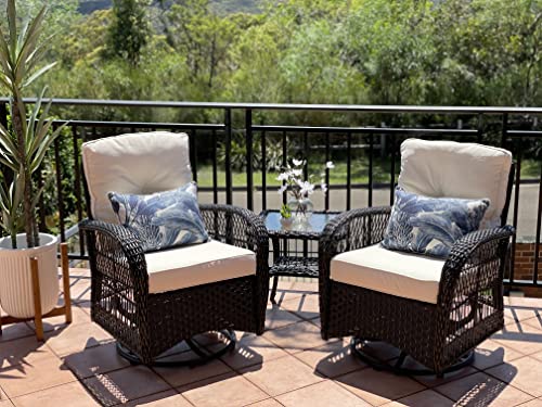 Harlie & Stone Outdoor Swivel Rocker Patio Chairs Set of 2 and Matching Side Table - 3 Piece Wicker Patio Bistro Set with Premium Fabric Cushions Outdoor Furniture (Dark Wicker Chair Beige Cushion)