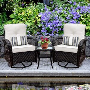 Harlie & Stone Outdoor Swivel Rocker Patio Chairs Set of 2 and Matching Side Table - 3 Piece Wicker Patio Bistro Set with Premium Fabric Cushions Outdoor Furniture (Dark Wicker Chair Beige Cushion)