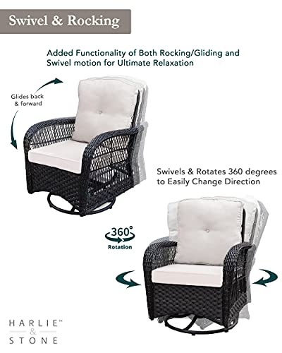 Harlie & Stone Outdoor Swivel Rocker Patio Chairs Set of 2 and Matching Side Table - 3 Piece Wicker Patio Bistro Set with Premium Fabric Cushions Outdoor Furniture (Dark Wicker Chair Beige Cushion)