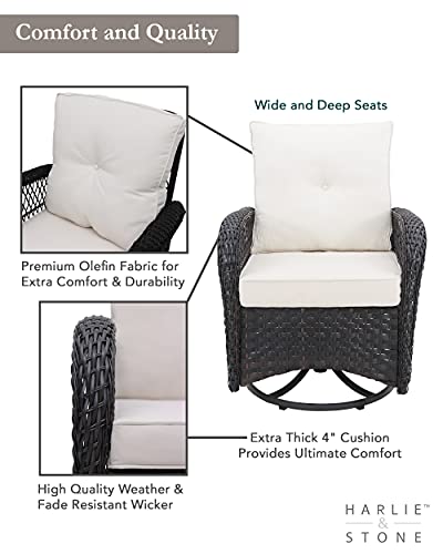 Harlie & Stone Outdoor Swivel Rocker Patio Chairs Set of 2 and Matching Side Table - 3 Piece Wicker Patio Bistro Set with Premium Fabric Cushions Outdoor Furniture (Dark Wicker Chair Beige Cushion)