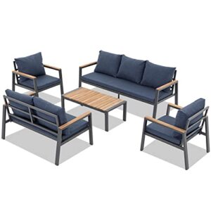 joivi aluminum patio furniture set, 5 pieces outdoor conversation set with teak wood top coffee table, sectional sofa set with wood armrest and cushions for outside poolside, lawn, backyard, navy blue