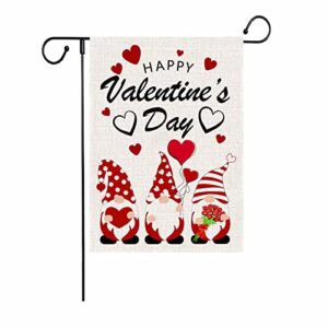 happy valentine’s day garden flags, 12.5 x 18 inch vertical double sized gnomes burlap flag for house yard outdoor