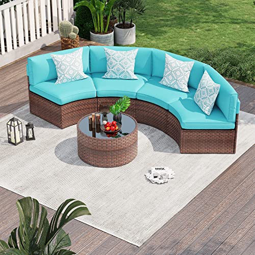 OC Orange-Casual 5 Piece Patio Furniture Set Half-Moon Outdoor All-Weather Wicker Sofa with Coffee Table, Brown Rattan Turquoise Cushion (Pillows Included)