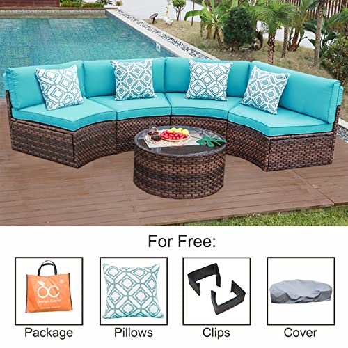 OC Orange-Casual 5 Piece Patio Furniture Set Half-Moon Outdoor All-Weather Wicker Sofa with Coffee Table, Brown Rattan Turquoise Cushion (Pillows Included)