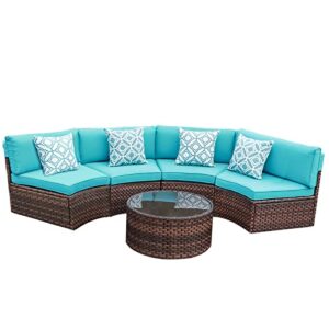 OC Orange-Casual 5 Piece Patio Furniture Set Half-Moon Outdoor All-Weather Wicker Sofa with Coffee Table, Brown Rattan Turquoise Cushion (Pillows Included)