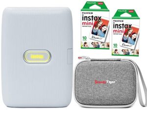 fujifilm instax mini link smartphone printer + fujifilm instax mini instant film (20 sheets) bundle with sturdy tiger travel case and stickers + deals number one cleaning cloth (ash white)