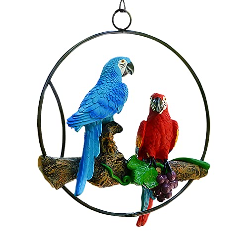 Sunnyway Hanging Parrots for Patio Resin Parrot Hanging Statue Garden Decor Perch Bird Macaw Sculpture On Metal Ring for Patio Lawn Home Garden Tree Decoration Animal Landscape Ornament (Blue&Red)