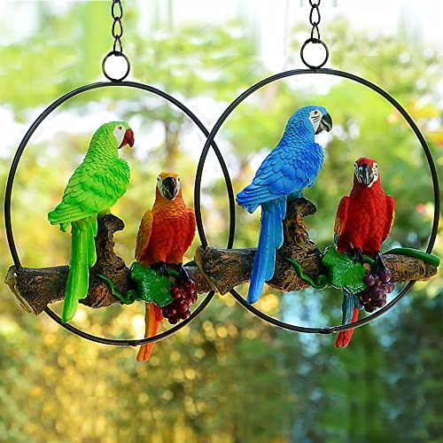 Sunnyway Hanging Parrots for Patio Resin Parrot Hanging Statue Garden Decor Perch Bird Macaw Sculpture On Metal Ring for Patio Lawn Home Garden Tree Decoration Animal Landscape Ornament (Blue&Red)