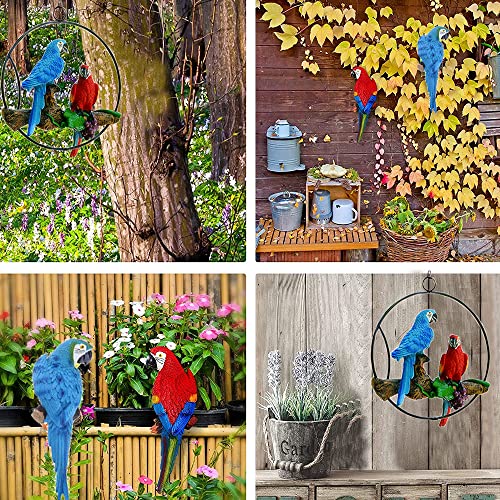 Sunnyway Hanging Parrots for Patio Resin Parrot Hanging Statue Garden Decor Perch Bird Macaw Sculpture On Metal Ring for Patio Lawn Home Garden Tree Decoration Animal Landscape Ornament (Blue&Red)