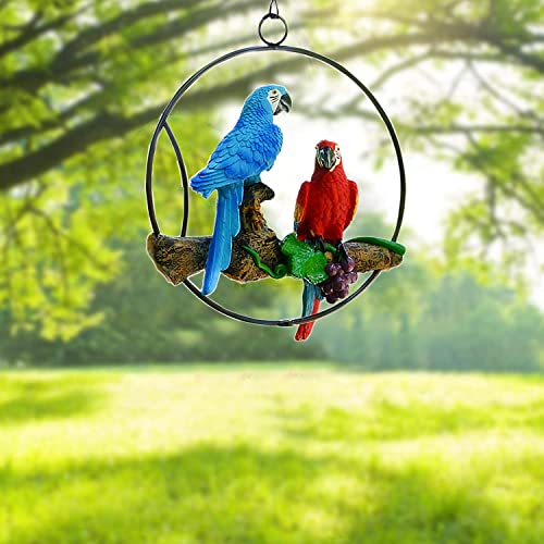 Sunnyway Hanging Parrots for Patio Resin Parrot Hanging Statue Garden Decor Perch Bird Macaw Sculpture On Metal Ring for Patio Lawn Home Garden Tree Decoration Animal Landscape Ornament (Blue&Red)