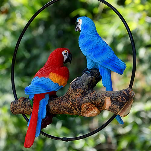 Sunnyway Hanging Parrots for Patio Resin Parrot Hanging Statue Garden Decor Perch Bird Macaw Sculpture On Metal Ring for Patio Lawn Home Garden Tree Decoration Animal Landscape Ornament (Blue&Red)