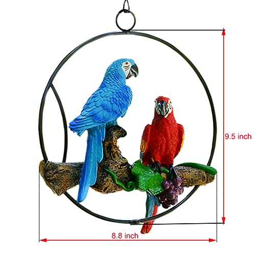 Sunnyway Hanging Parrots for Patio Resin Parrot Hanging Statue Garden Decor Perch Bird Macaw Sculpture On Metal Ring for Patio Lawn Home Garden Tree Decoration Animal Landscape Ornament (Blue&Red)