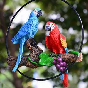 Sunnyway Hanging Parrots for Patio Resin Parrot Hanging Statue Garden Decor Perch Bird Macaw Sculpture On Metal Ring for Patio Lawn Home Garden Tree Decoration Animal Landscape Ornament (Blue&Red)