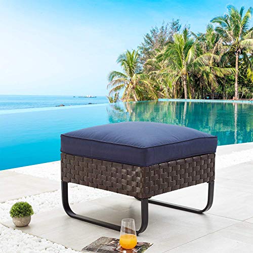 LOKATSE HOME Patio Ottoman Outdoor Footstool Small Seat Wicker Furniture with U Shaped Legs and Soft Thick Blue Cushion for Garden Yard Deck Poolside